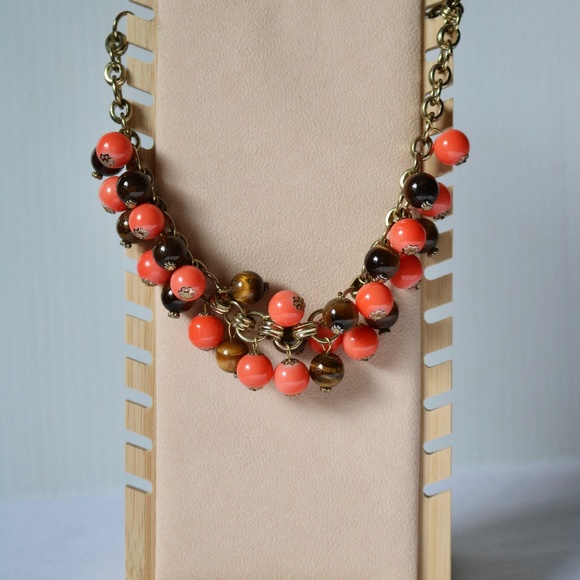 Vintage Tiger's Eye and Faux Coral Bead Choker Necklace Gold Tone Chain - Picture 2 of 6